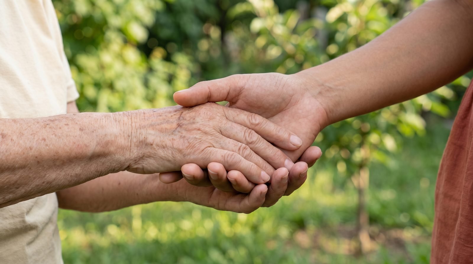 A young volunteer gently holding an elderly person's hands in a sunlit garden